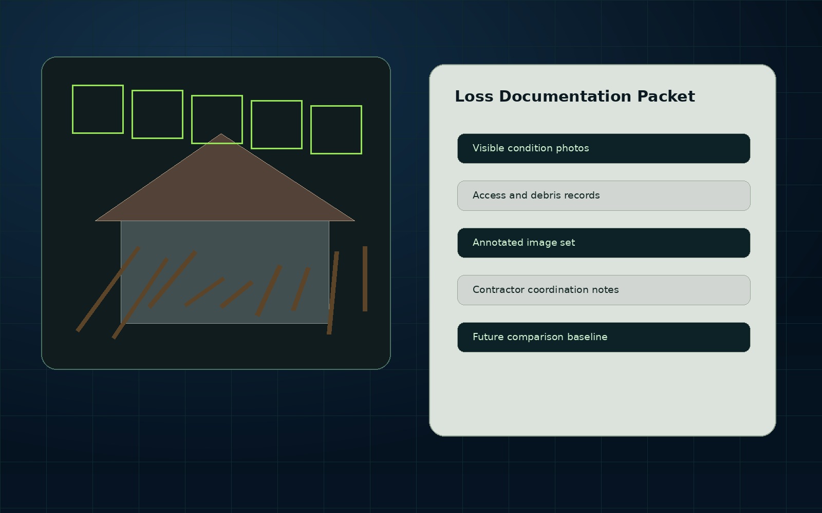 Storm and fire loss documentation packet for organized visible evidence and recovery planning