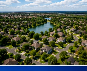 Aerial residential property context illustrating pre-purchase remote viewing